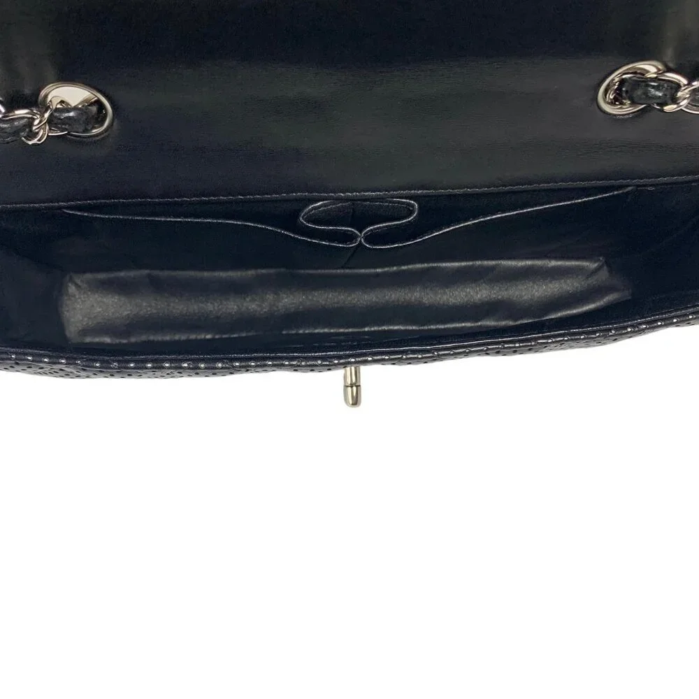 Chanel East West Classic Shoulder Flap Bag Quilted Black Perforated Leather